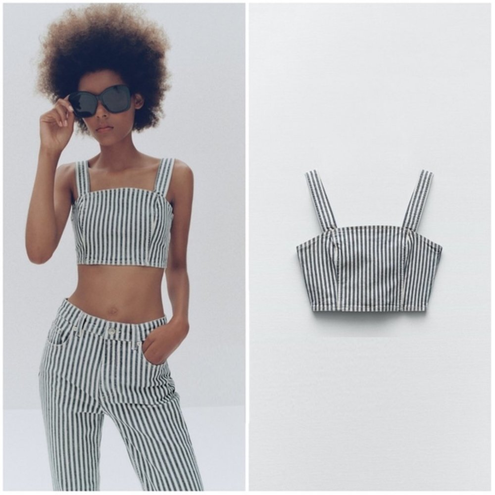 NWT New Zara Striped Denim Crop Top Size XS